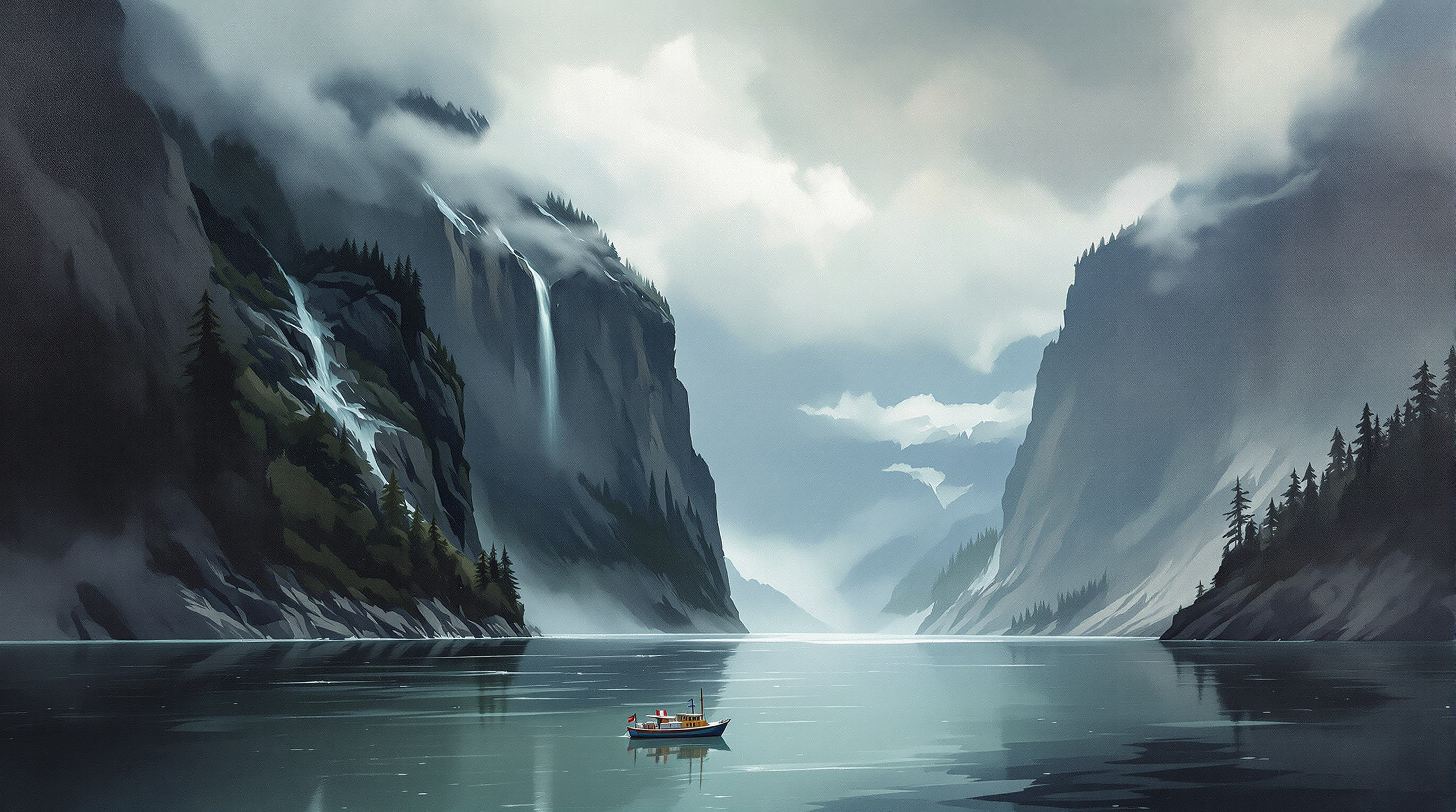 Painting of a small fishing boat dwarfed by the granite walls and jade water of Bute Inlet