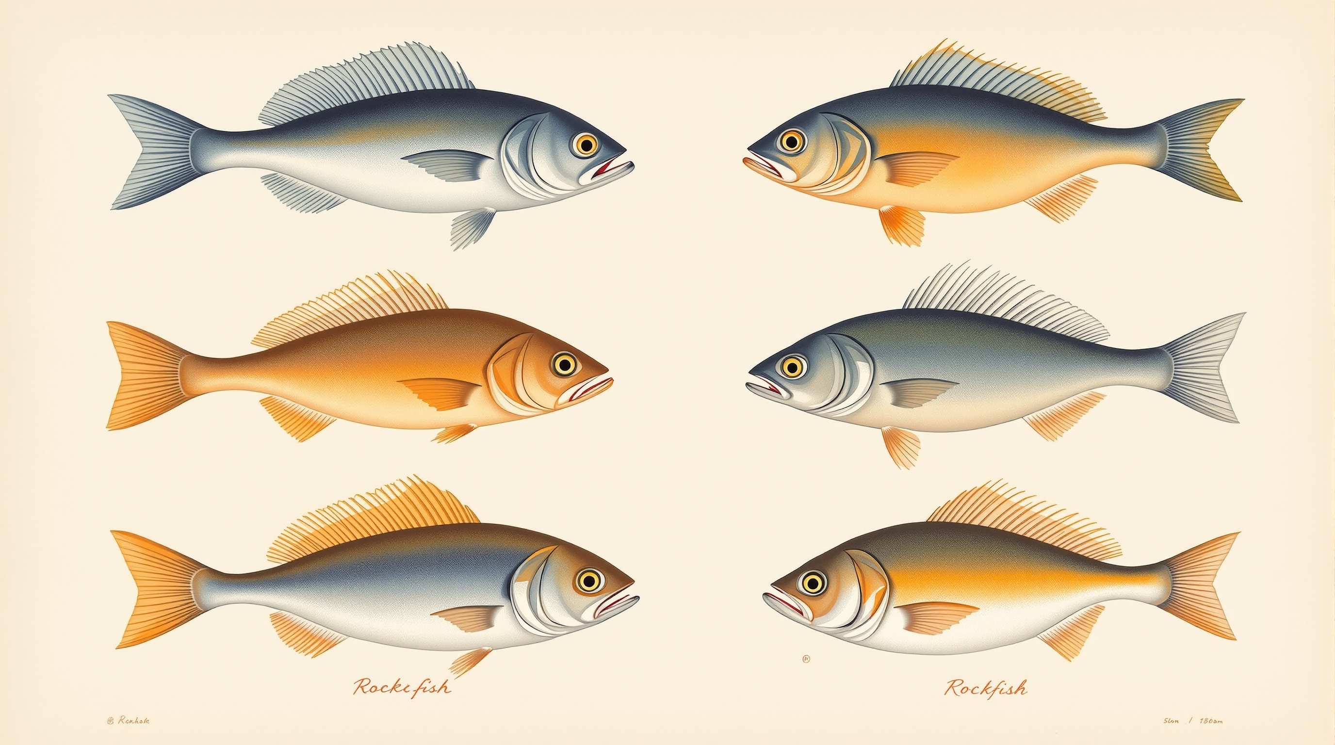 Species identification chart artwork showing six Pacific rockfish painted in natural history illustration style