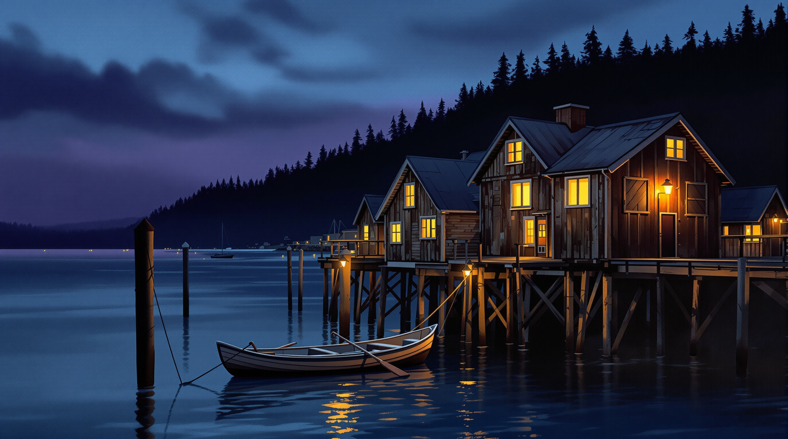 Painting of a lamplit boardwalk fishing village on pilings at dusk on the BC coast