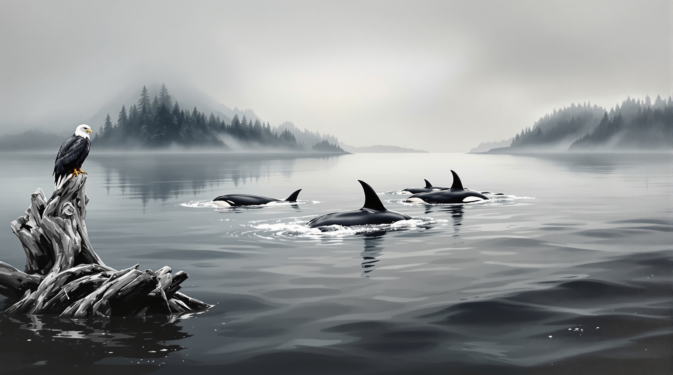 Painting of an orca pod travelling through Johnstone Strait with a bald eagle perched in the foreground