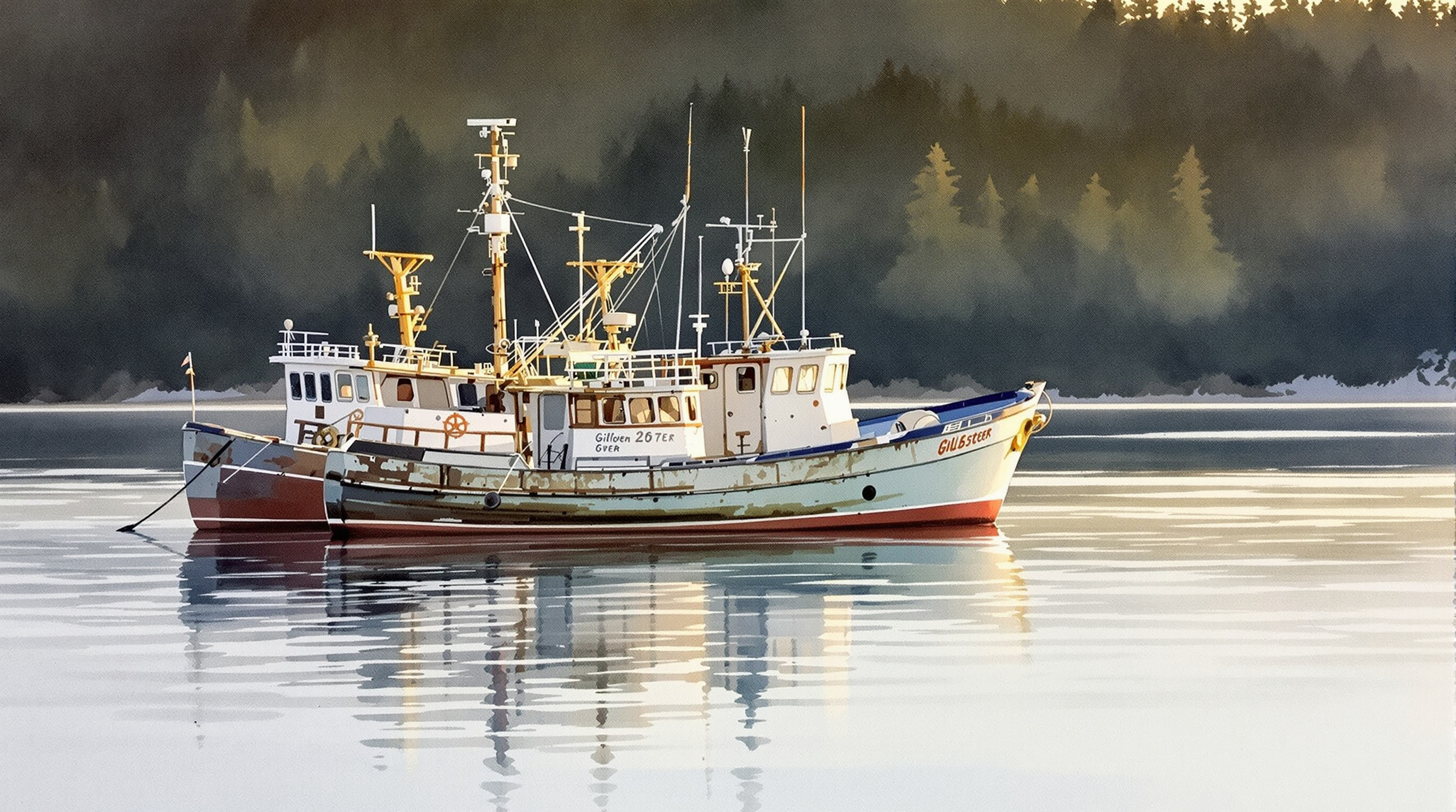 Watercolor of two gillnetter fishing boats rafted at anchor at dusk on the BC coast