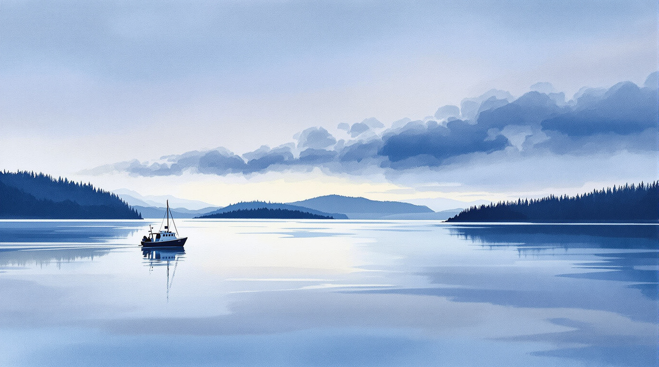 Watercolor painting of a fishing boat crossing the Inside Passage at dusk between forested islands