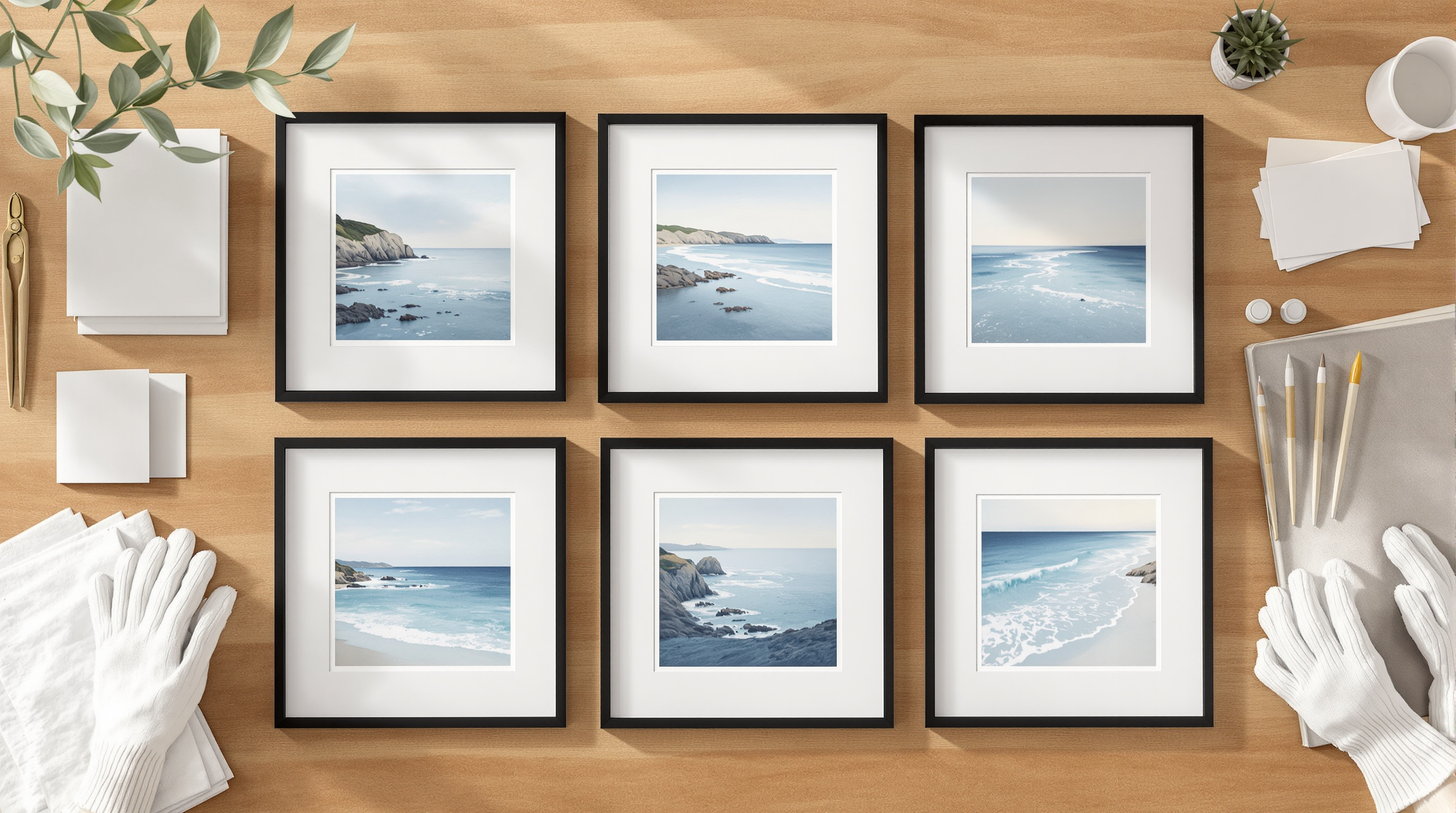 Still life of matted coastal art prints and art cards arranged on a collector's worktable