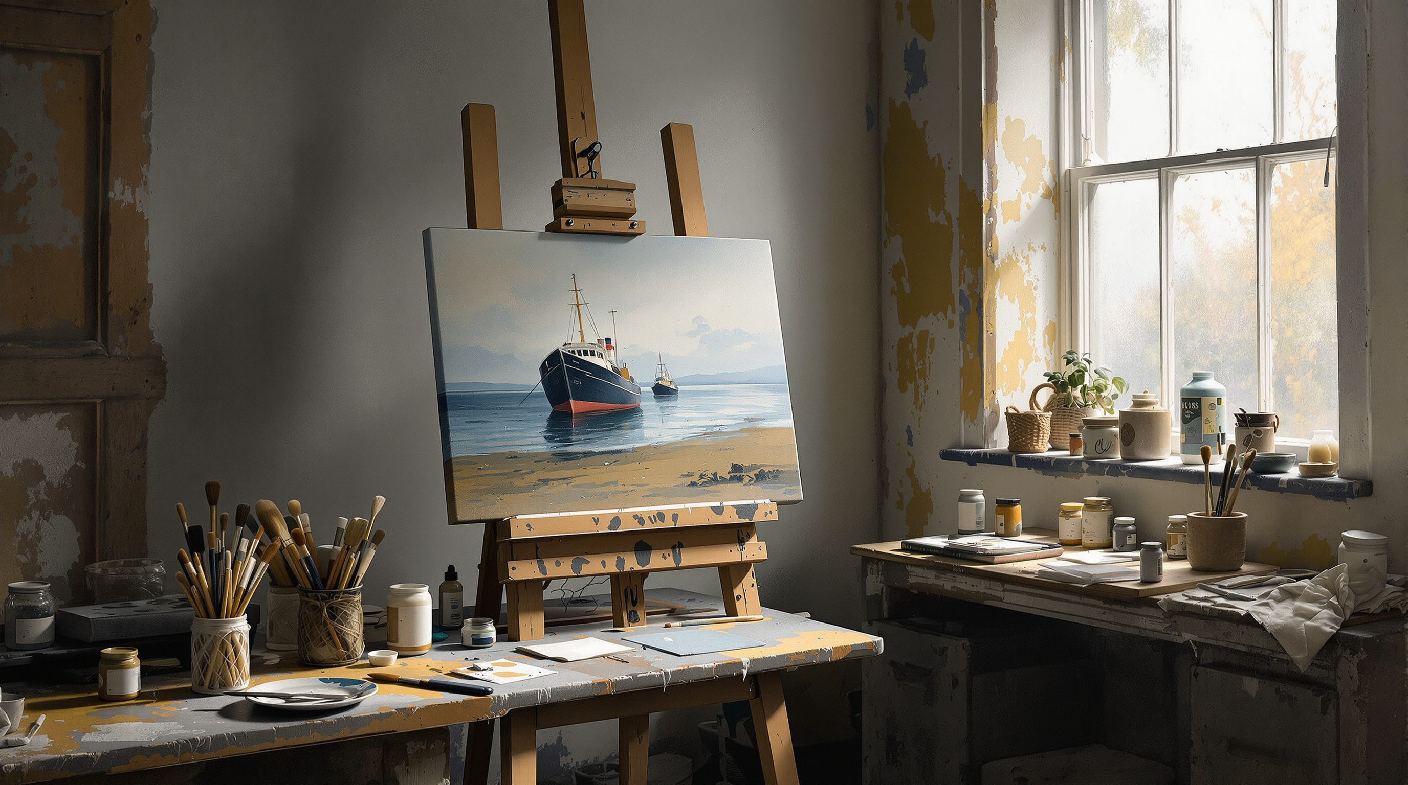 Painting of an artist's studio with a coastal marine painting in progress on a wooden easel