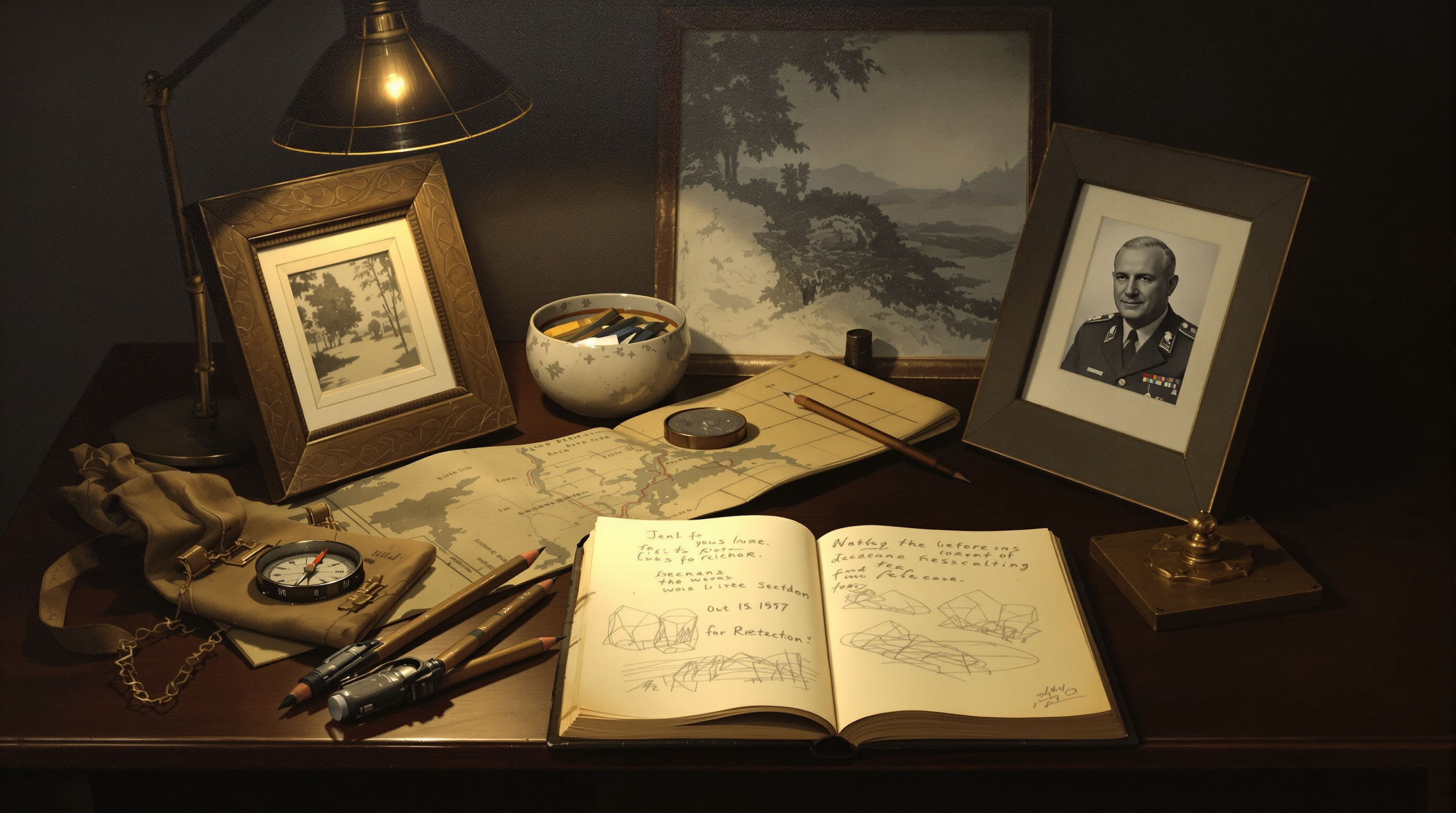 Still life painting of a compass, field map, photograph, and open sketchbook on a dark wooden table