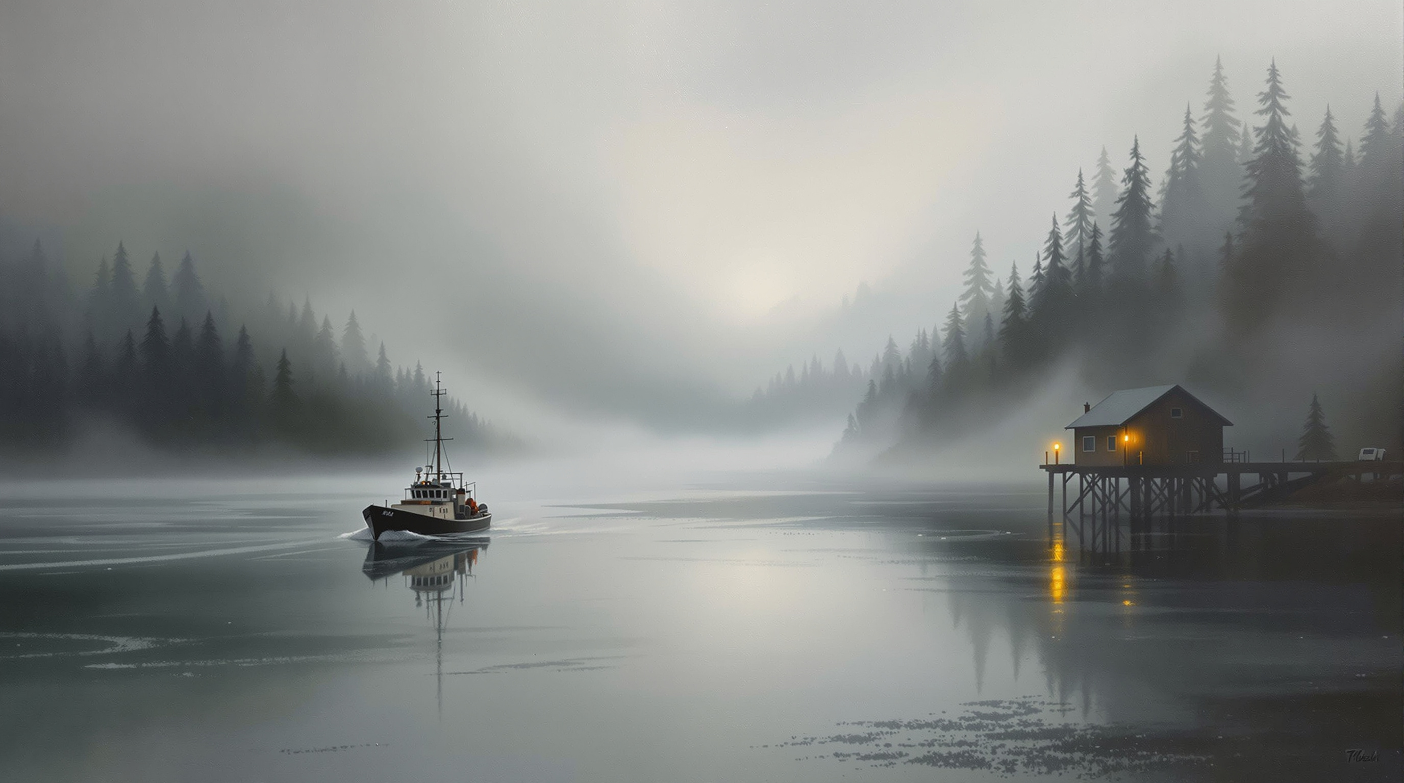 Tonalist painting of a gillnetter working the misty Skeena River estuary with a distant cannery lamp