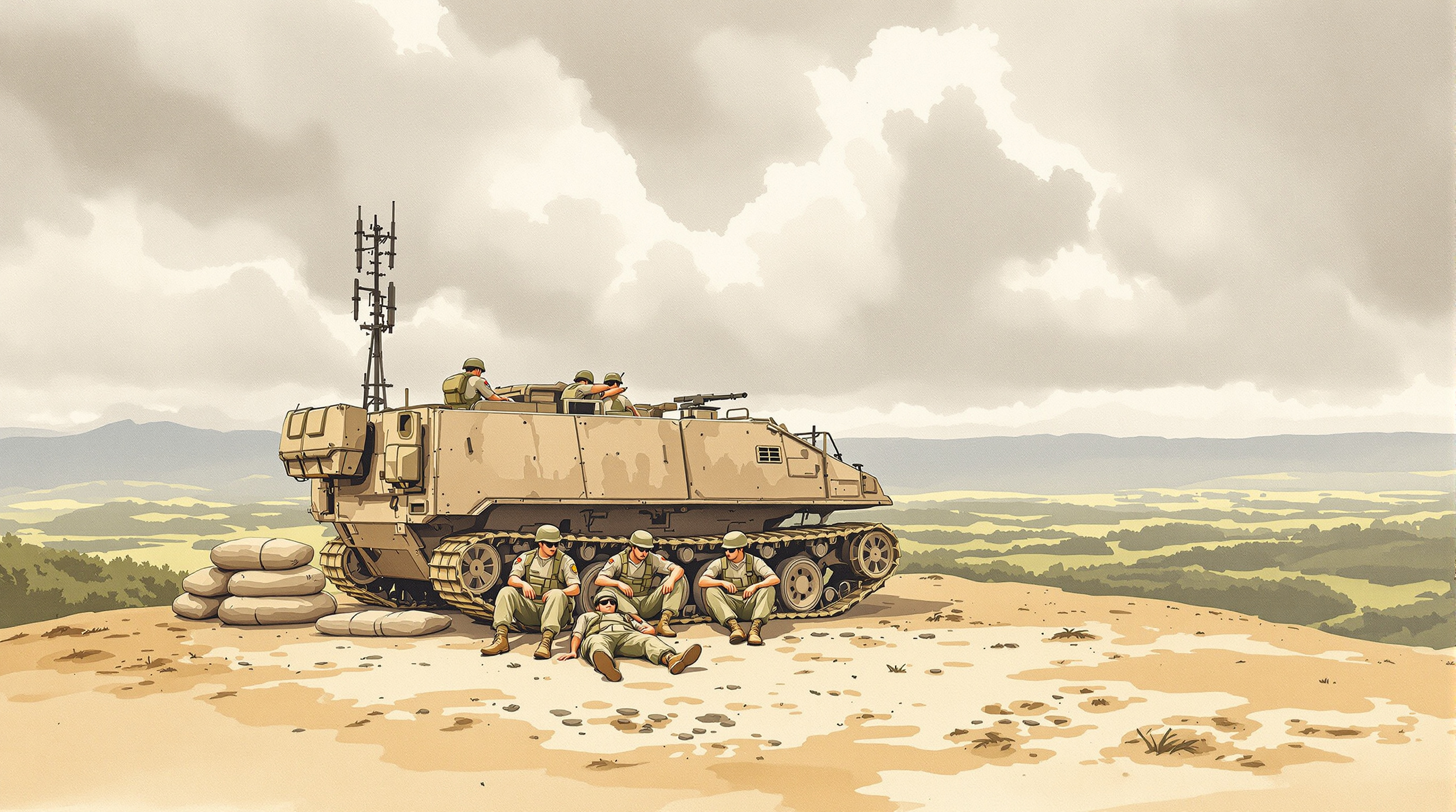 Ink and wash combat art style painting of soldiers resting beside a tracked vehicle on a hilltop firebase
