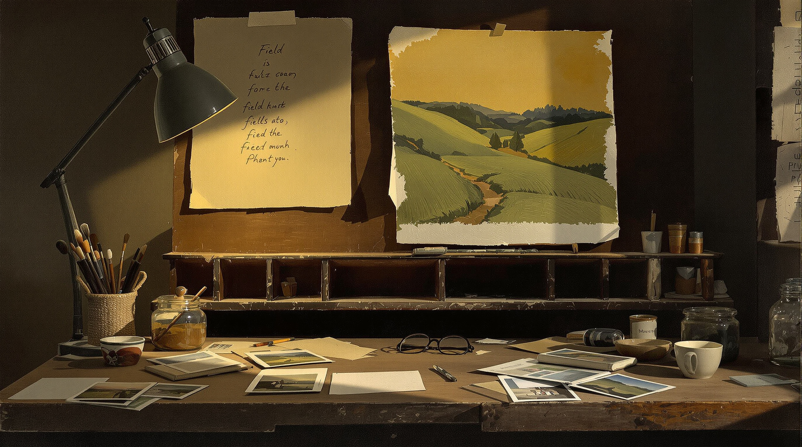 Still life painting of a veteran artist's desk with an old field sketch pinned beside an unfinished canvas